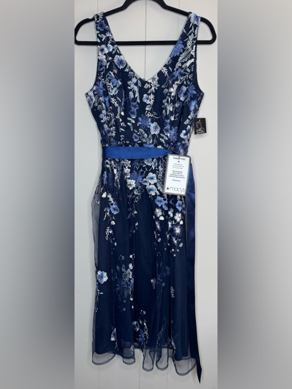 Alex Evenings Navy Blue Floral Midi Dress with Satin Ribbon - Picture 3 of 14